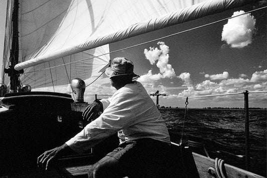 Black and White Sailboat Photograph: Classic Wooden Boat on Lake Erie, Canada