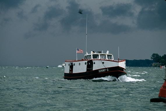 The Ferry Sonny S Approaches Put in Bay Harbor in Rough Weather on Lake Erie