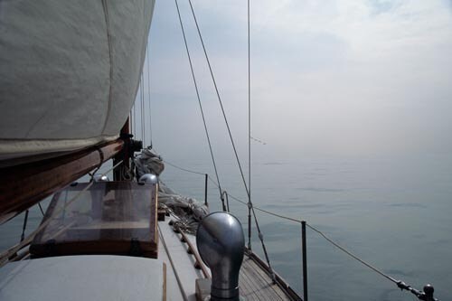 Classic Sailboat, in the Fog, Lake Erie Sailing Art