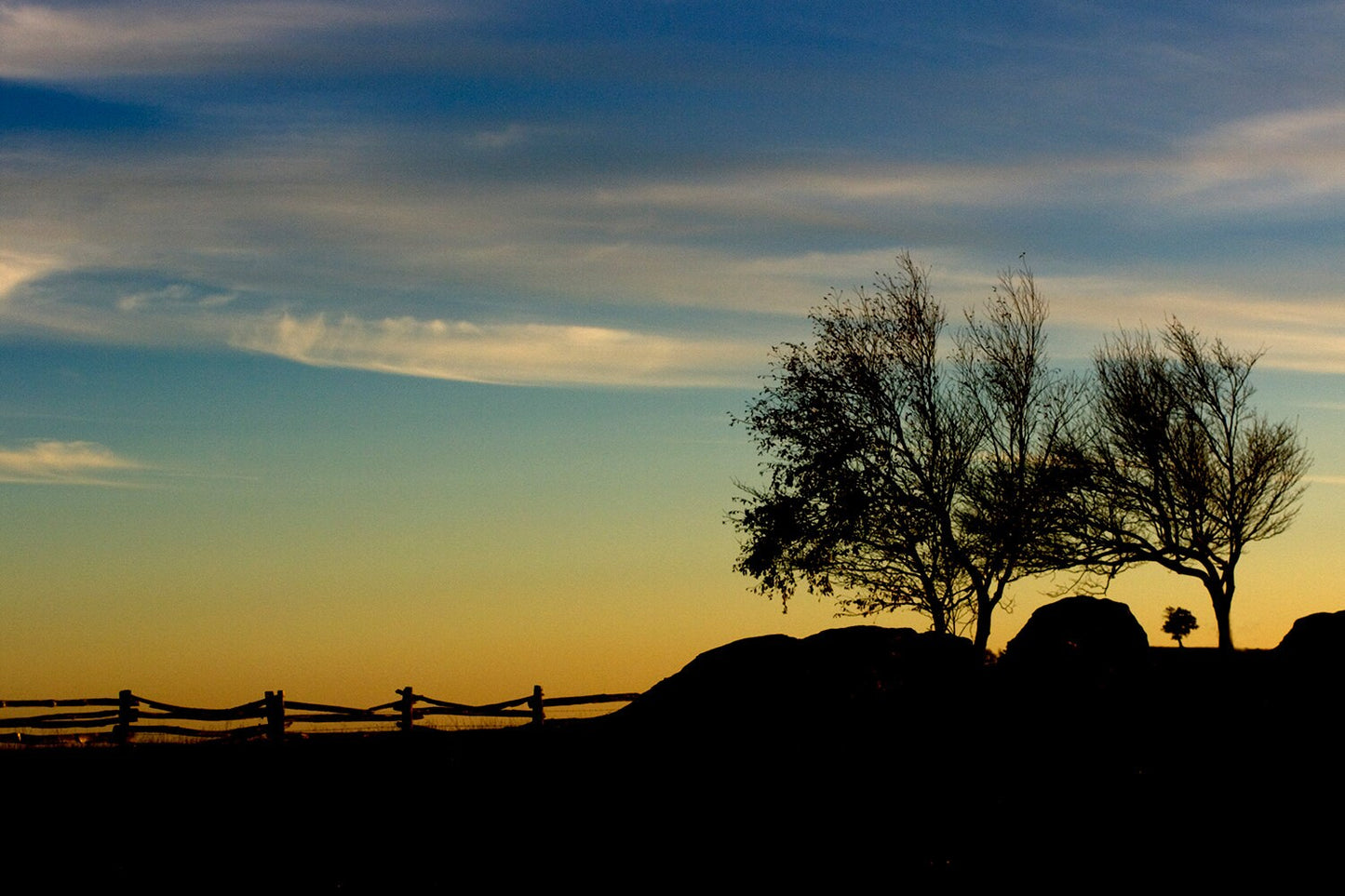 Blue Ridge Parkway, Doughton Park, National Park Tree, Rock  and Split Rail Fence Silhouette
